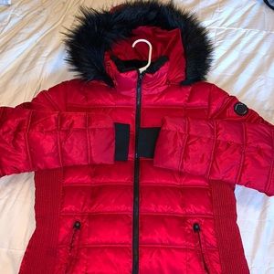 Red puffer jacket